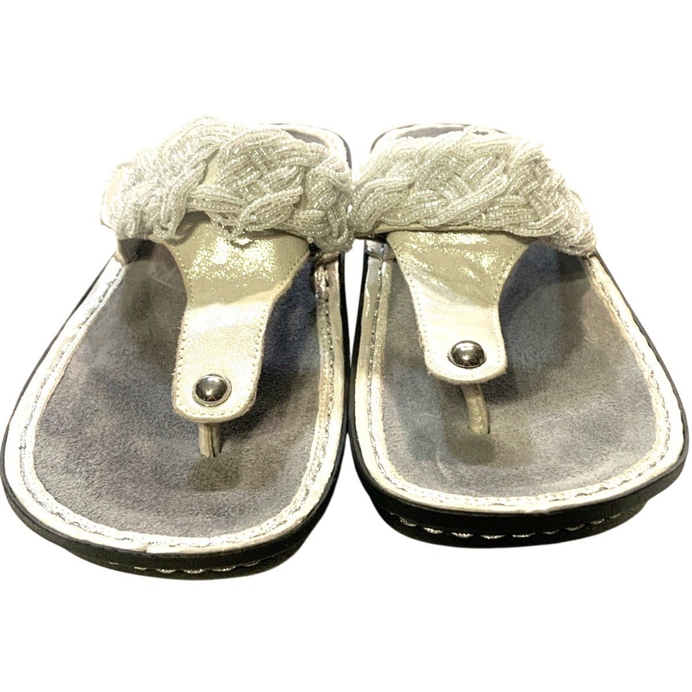 Alegria Carina Sandals 37 Leather‎ Pewter Dazzler White Beaded Thong Comfort
